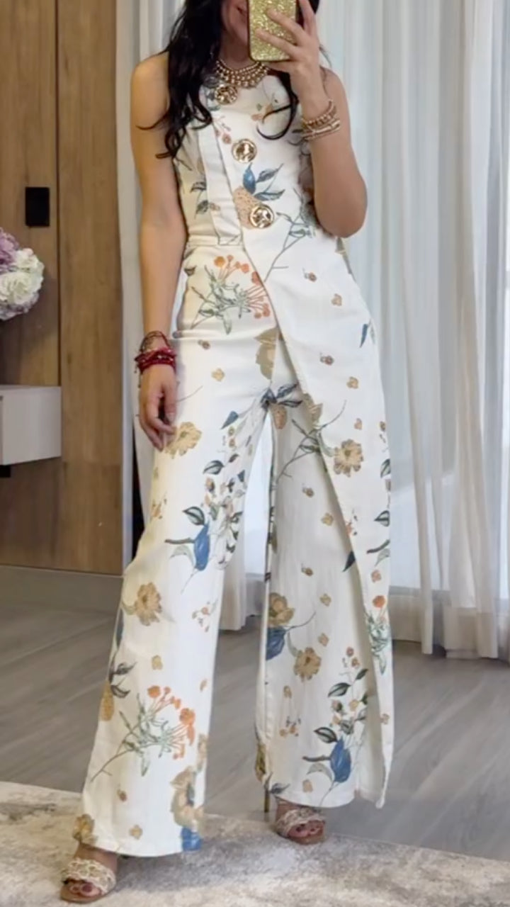 Floral Print Sleeveless Overlay Wide Leg Jumpsuit