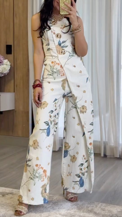 Floral Print Sleeveless Overlay Wide Leg Jumpsuit