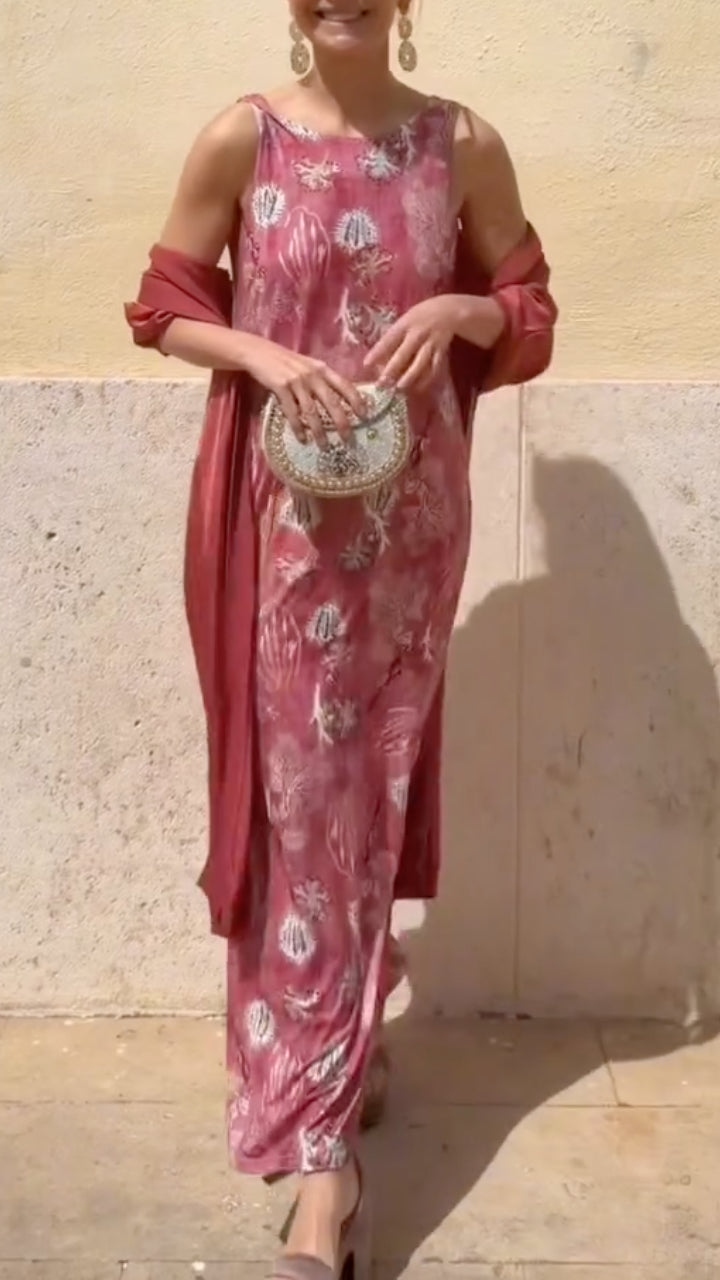 Women's Satin Long Cardigan & Printed Dress Set