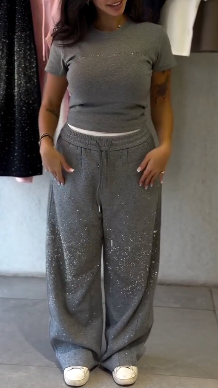Rhinestone Sprinkle Crop Tee & Wide Leg Sweatpants Co‑Ord Set