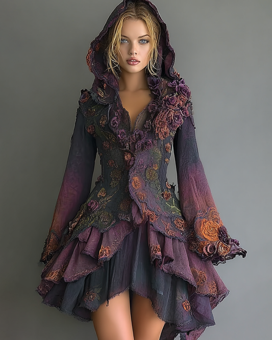 Halloween themed gradient floral embroidered dress0683