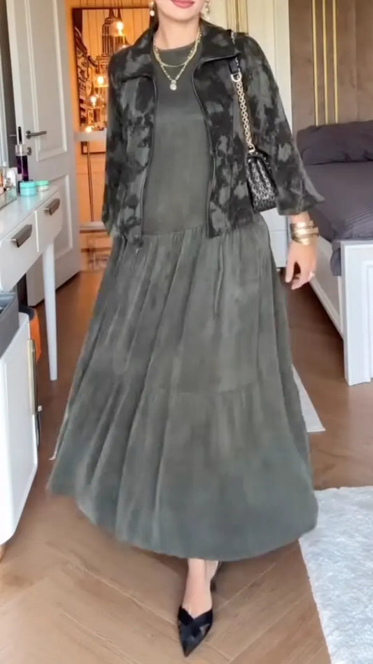 Women's Printed Zip-Up Cardigan & Dress Casual Set