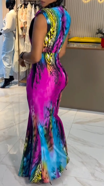 Colorful Tie‑Dye Deep V Twist Maxi Dress