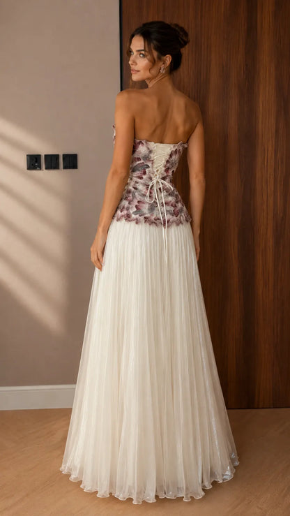 Strapless Gradient Floral Applique Pleated Tulle Evening Dress