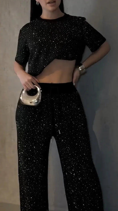 Crew-Neck Black Casual Two-Piece Set with Hot-Fix Rhinestones