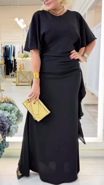 Cape-Sleeve Ruched Maxi Dress
