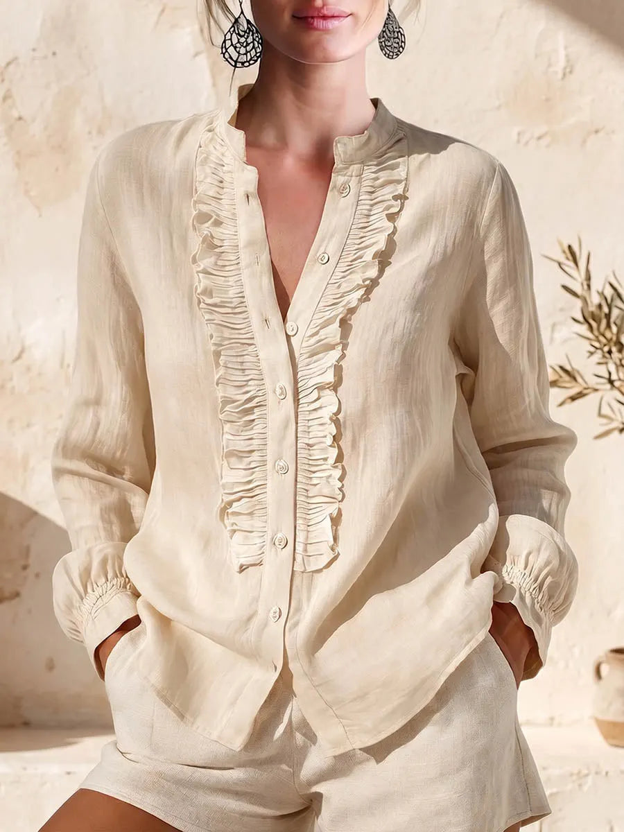 Women's Solid-color Stand-collar Long-sleeve Casual Loose Cotton-linen Shirt