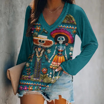 Women's Mexican Sugar Skeleton Couple Catrina Day Of The Dead Inspired Art Print Casual Long Sleeve T-Shirt
