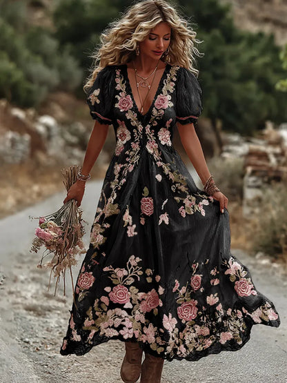 Women's Vintage Rose Embroidery Art Comfy Linen Maxi Dress