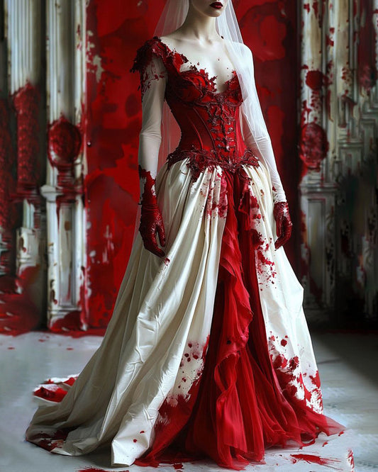 Halloween Themed Contrasting Bloodstained Lace Mesh Dress 41aa