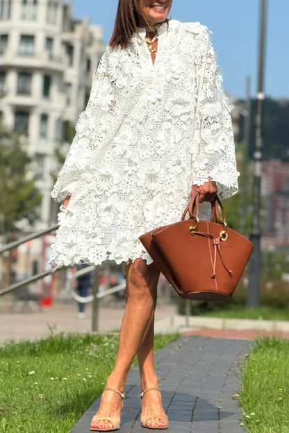 3D Floral Lace V-Neck Tunic Dress