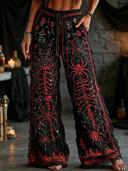 Women's Halloween Spider And Skull Art Color-block Vintage Casual Pants