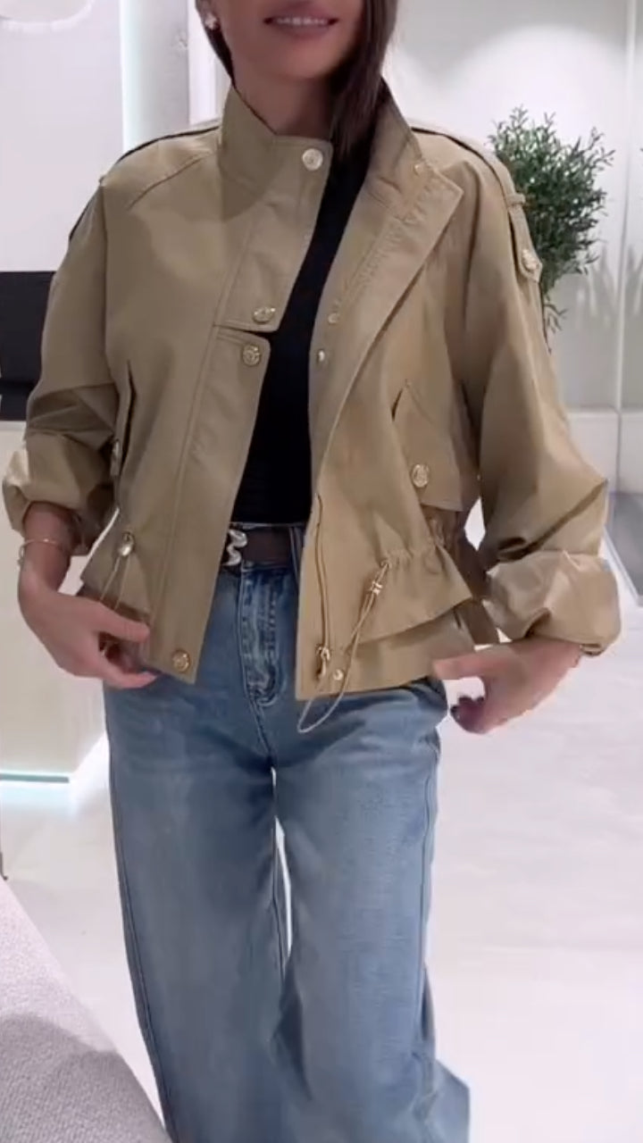 Beige Drawstring Waist Utility Jacket