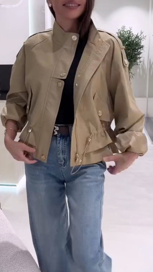 Beige Drawstring Waist Utility Jacket