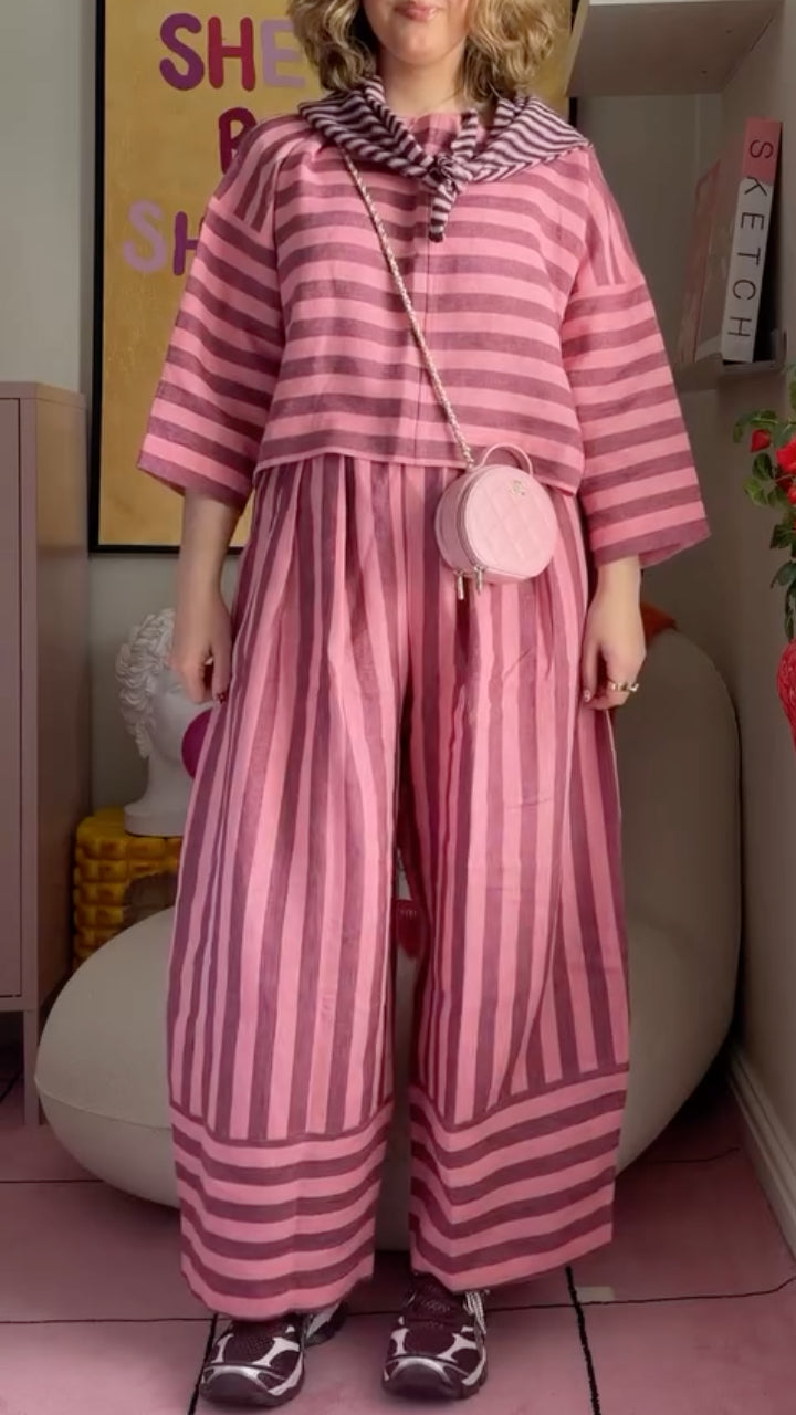 Pink and Magenta Striped Linen-Blend Co-Ord Set