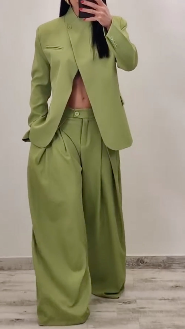 Women's Stand-Up Collar Slit Suit Casual Set