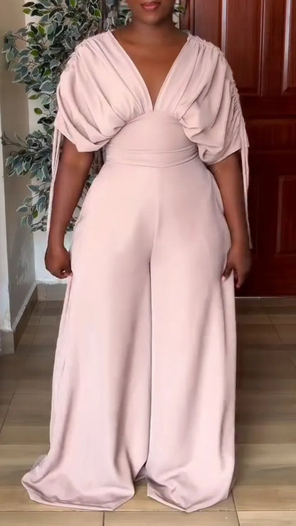 V‑Neck Draped Batwing Sleeve Wide Leg Jumpsuit