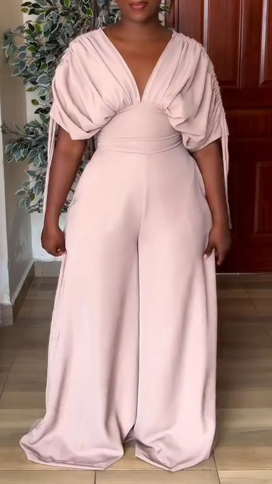 V‑Neck Draped Batwing Sleeve Wide Leg Jumpsuit