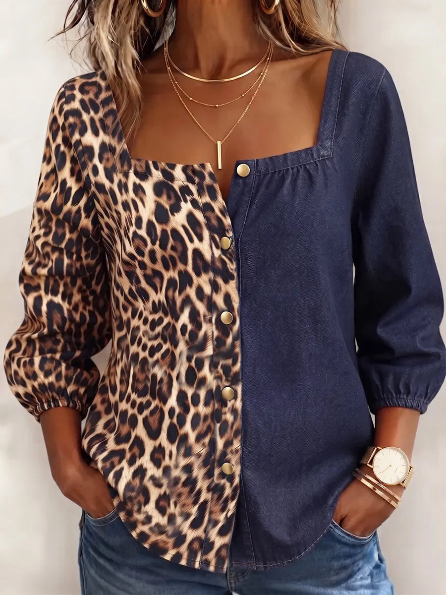 Stylish Square-neck Denim Shirt With Leopard Print Panels