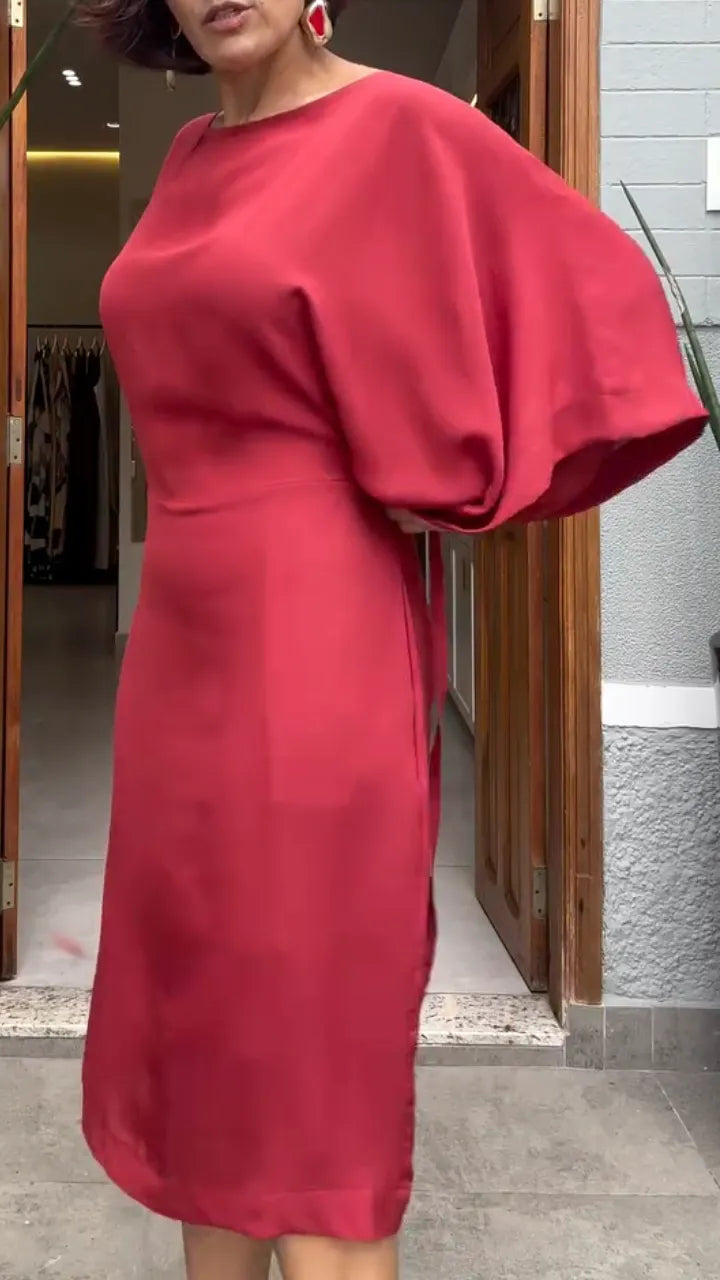 Red Kimono-Sleeve Midi Dress