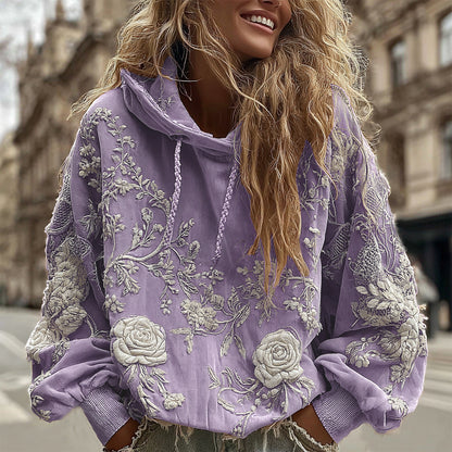 Women's Classic Romantic White Rose Embroidery Art Comfy Hoodie