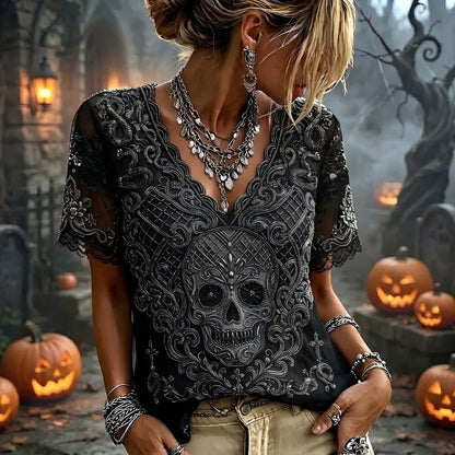 Women's Gothic Skull Embroidered V-neck Tee