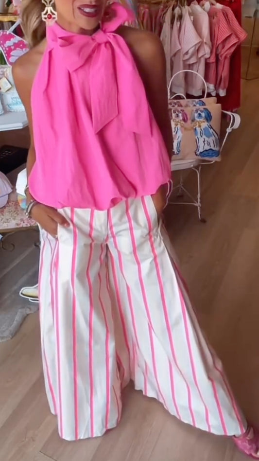 Bow Halter Top & Pink Stripe Wide Leg Pants Set