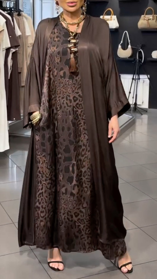 Women's Round Neck Dress + Cardigan Long Satin Suit