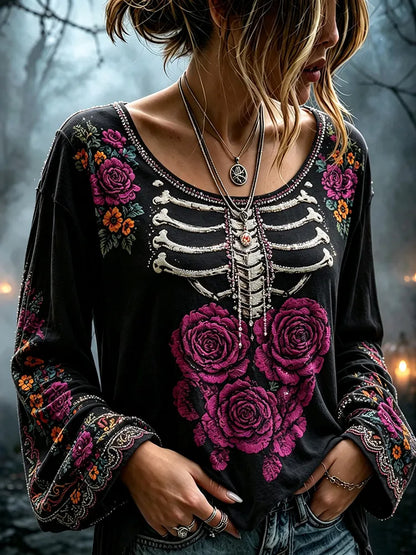 Women's Retro Rose And Skeleton Art Crew Neck Long Sleeve Top
