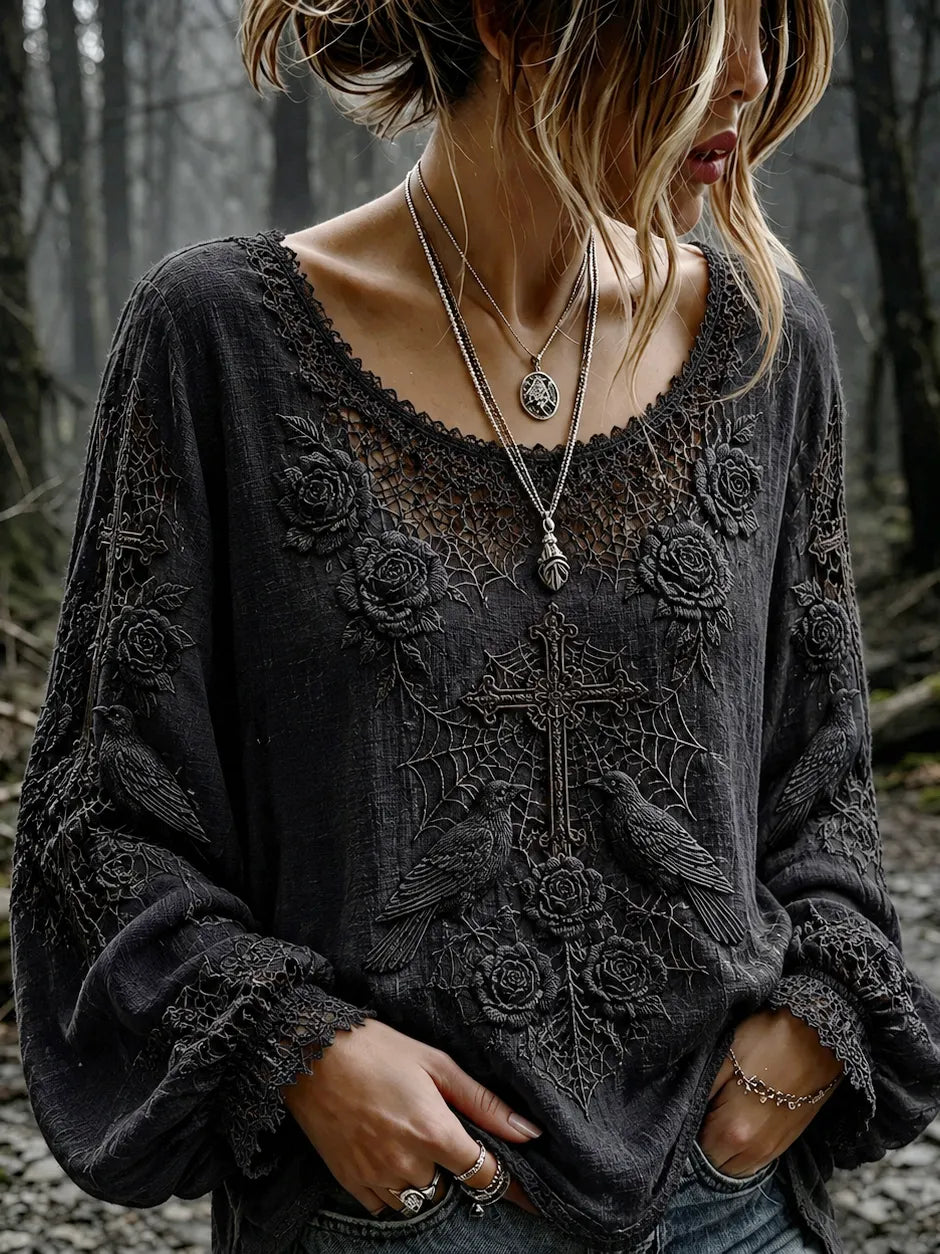 Women's Vintage Halloween Black Rose And Raven Embroidery Art Long Sleeve T-shirt