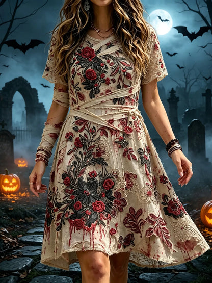 Women's Retro Halloween Floral Bloodstain Pattern Dress