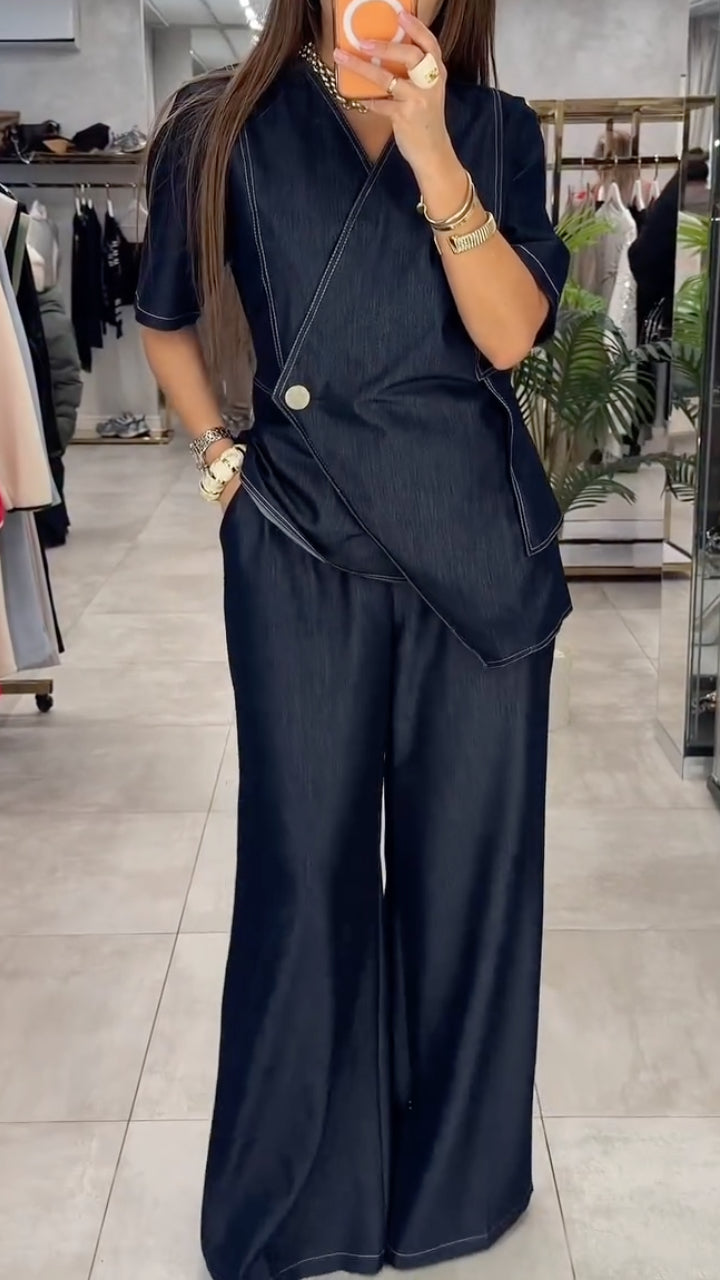Dark Blue Denim Crossover Short Sleeve & Wide-Leg Pants Set
