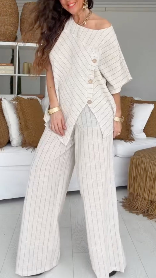 Linen Pinstripe Asymmetric Top & Wide Leg Pants Co‑Ord Set