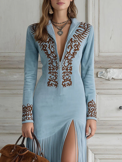 Western Half-Zip Embroidered Faux Suede Fringe Maxi Dress