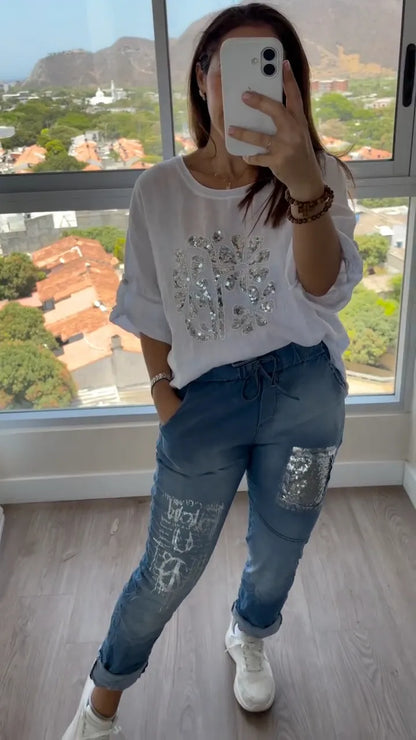 White Linen Sequin Top & Distressed Denim Jeans