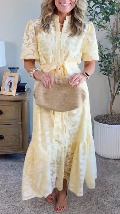 Yellow Floral Jacquard Midi Dress