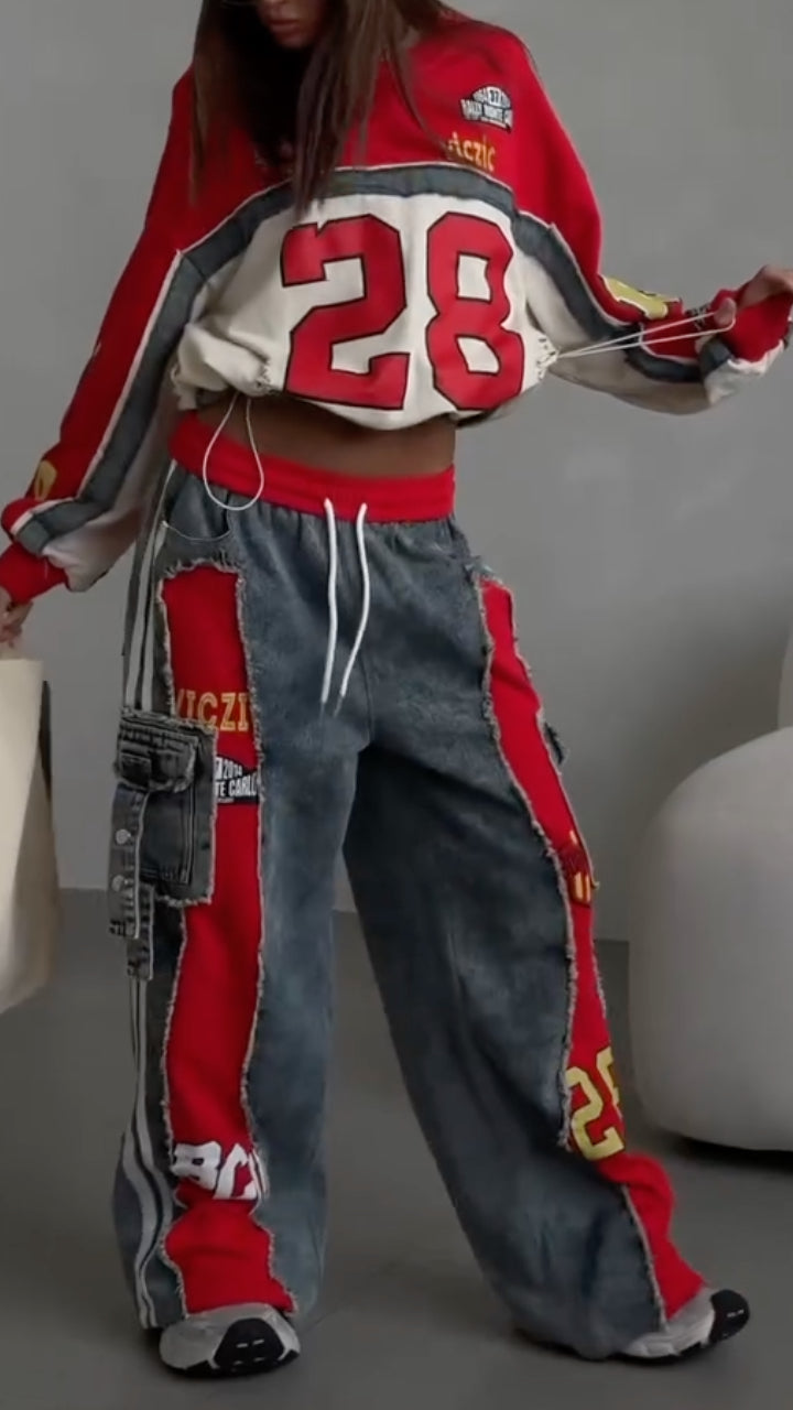Denim Patchwork Racing Sweatshirt & Pants Co-Ord Set