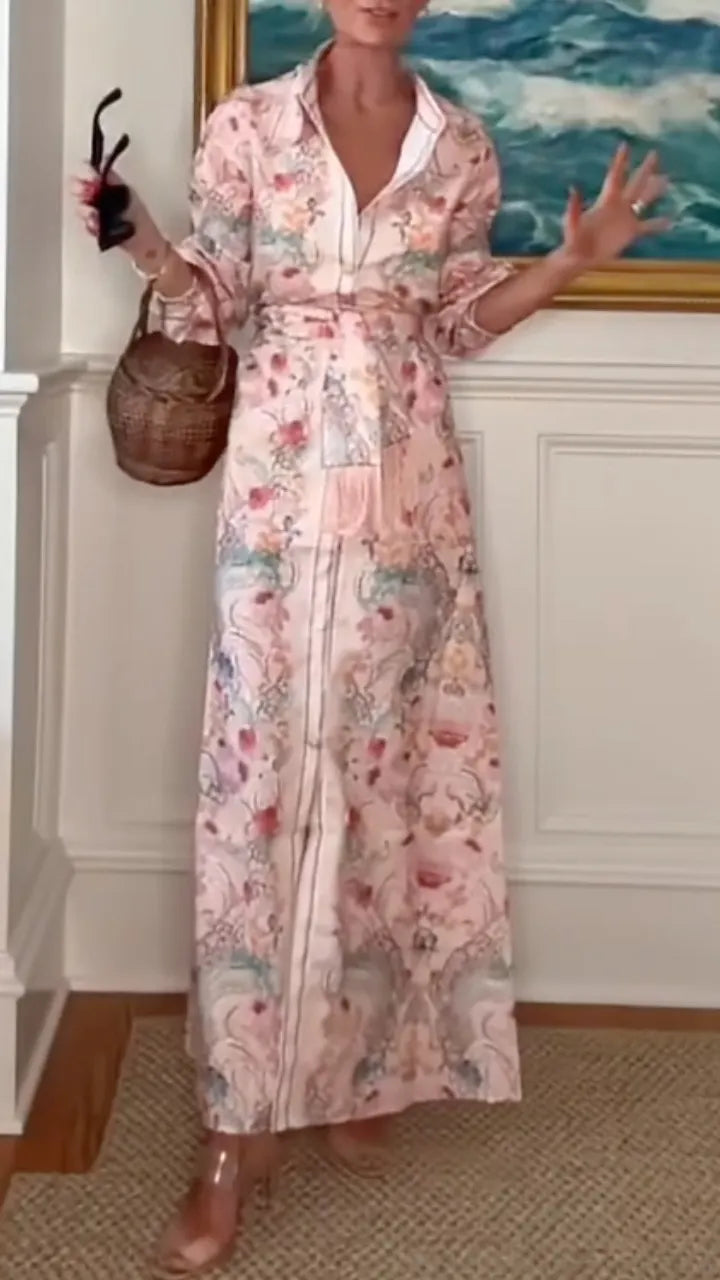 Pink Floral Print Shirt Maxi Dress