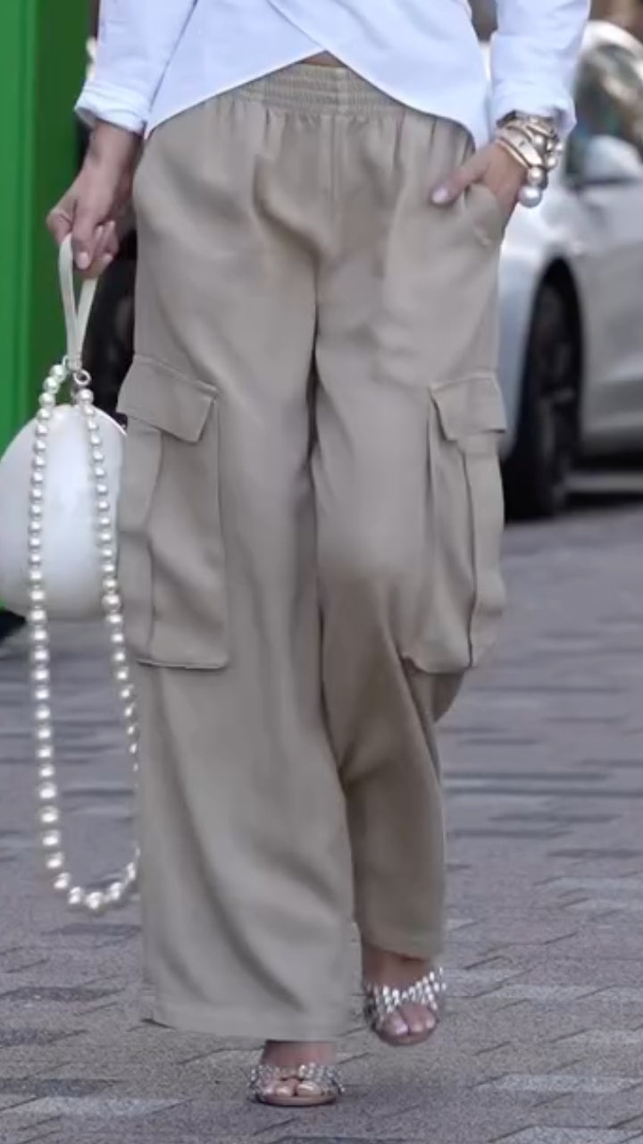 Women's Crossover Waist-Cinching Shirt + Khaki Wide-Leg Cargo Pants Set