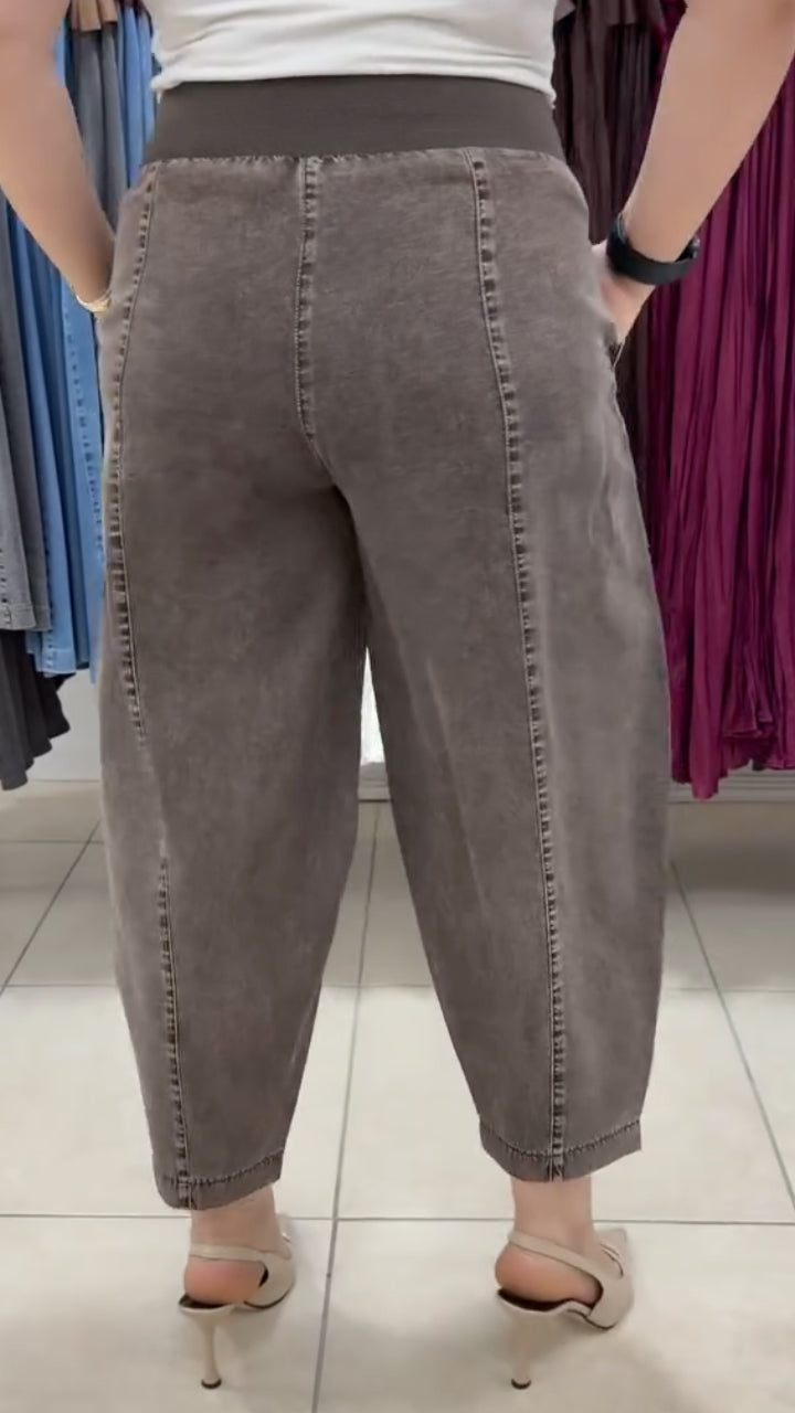 Washed Brown Elastic Waist Harem Pants