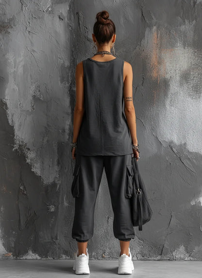 Dark Grey Sleeveless Top & Cargo Jogger Set