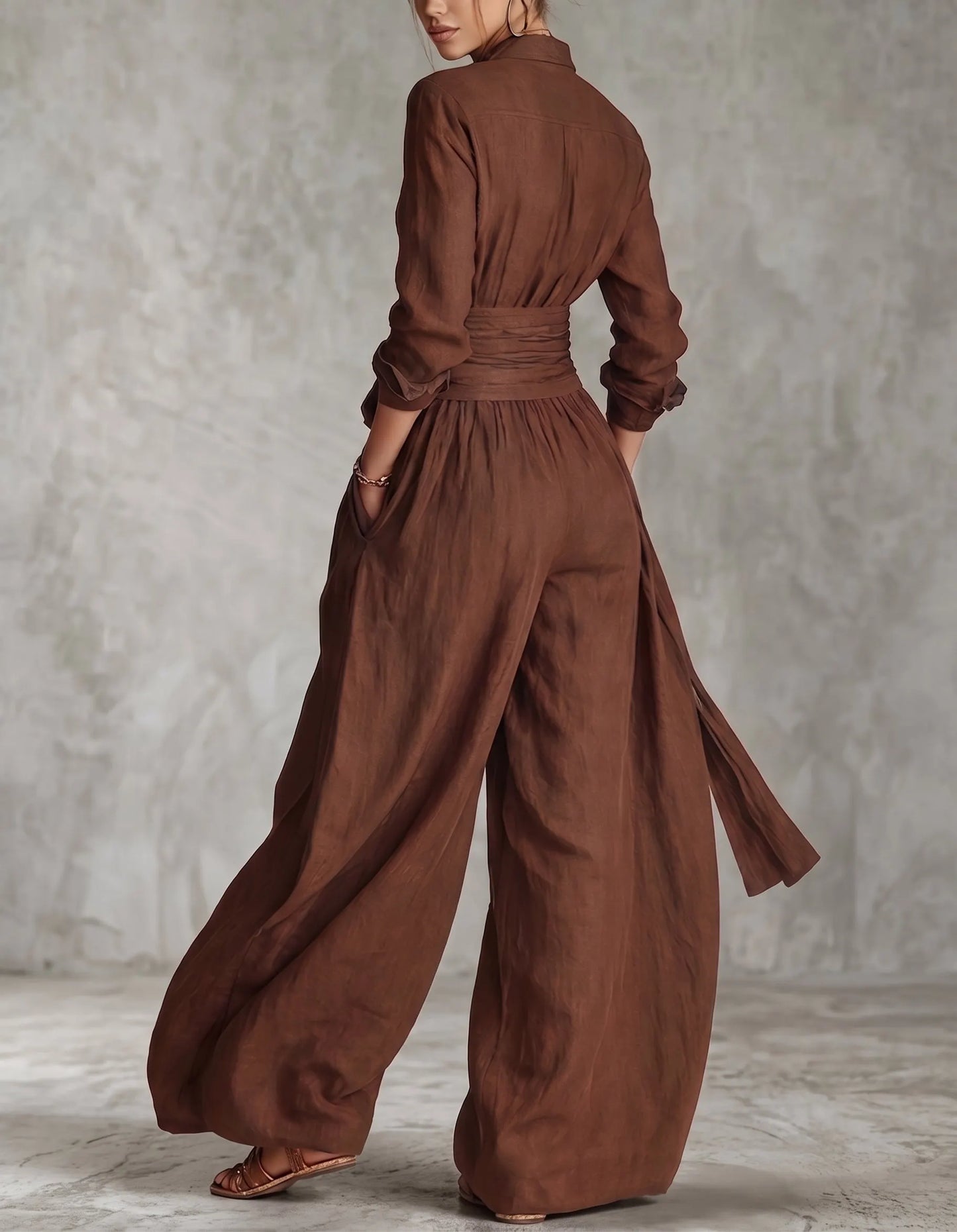 Solid Color Collared Top And Stylish Casual High-waisted Trousers Two-piece Set
