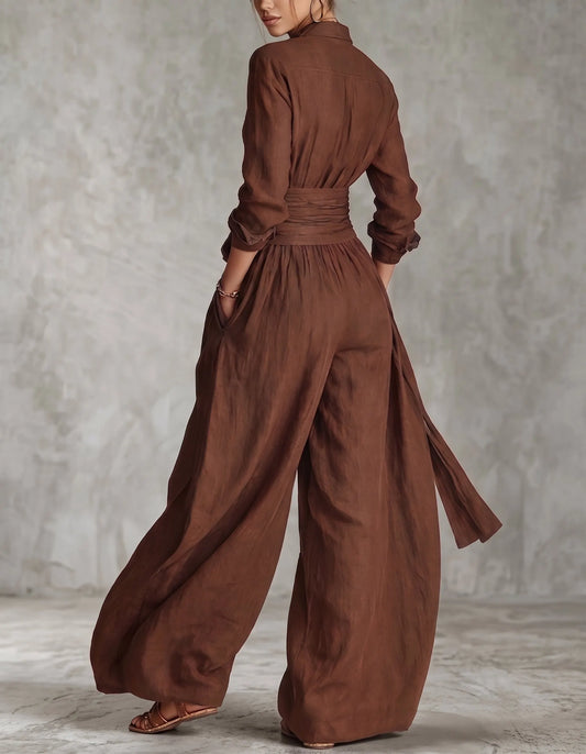 Solid Color Collared Top And Stylish Casual High-waisted Trousers Two-piece Set