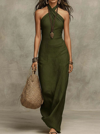 Soft Drape Halter Column Faux Linen Halter Maxi Dress