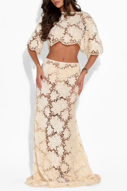 Beige Floral Lace Cropped Top Maxi Skirt Two-Piece Set