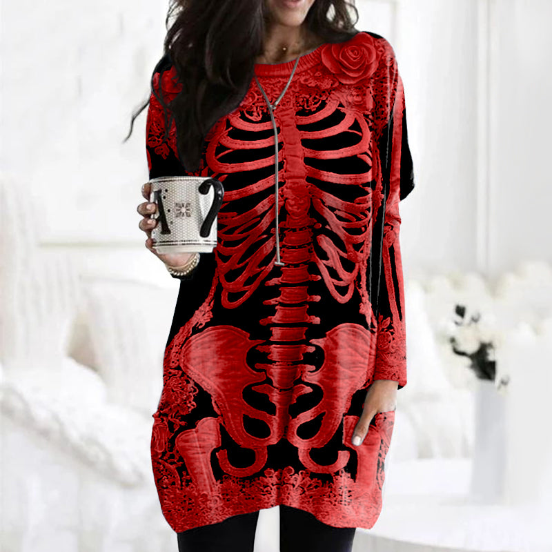 Women's Halloween Skeleton Bones With Rose Art Cozy Knit Turtleneck Mini Sweater Dress