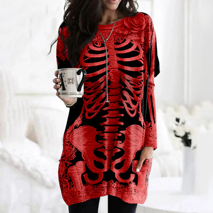 Women's Halloween Skeleton Bones With Rose Art Cozy Knit Turtleneck Mini Sweater Dress