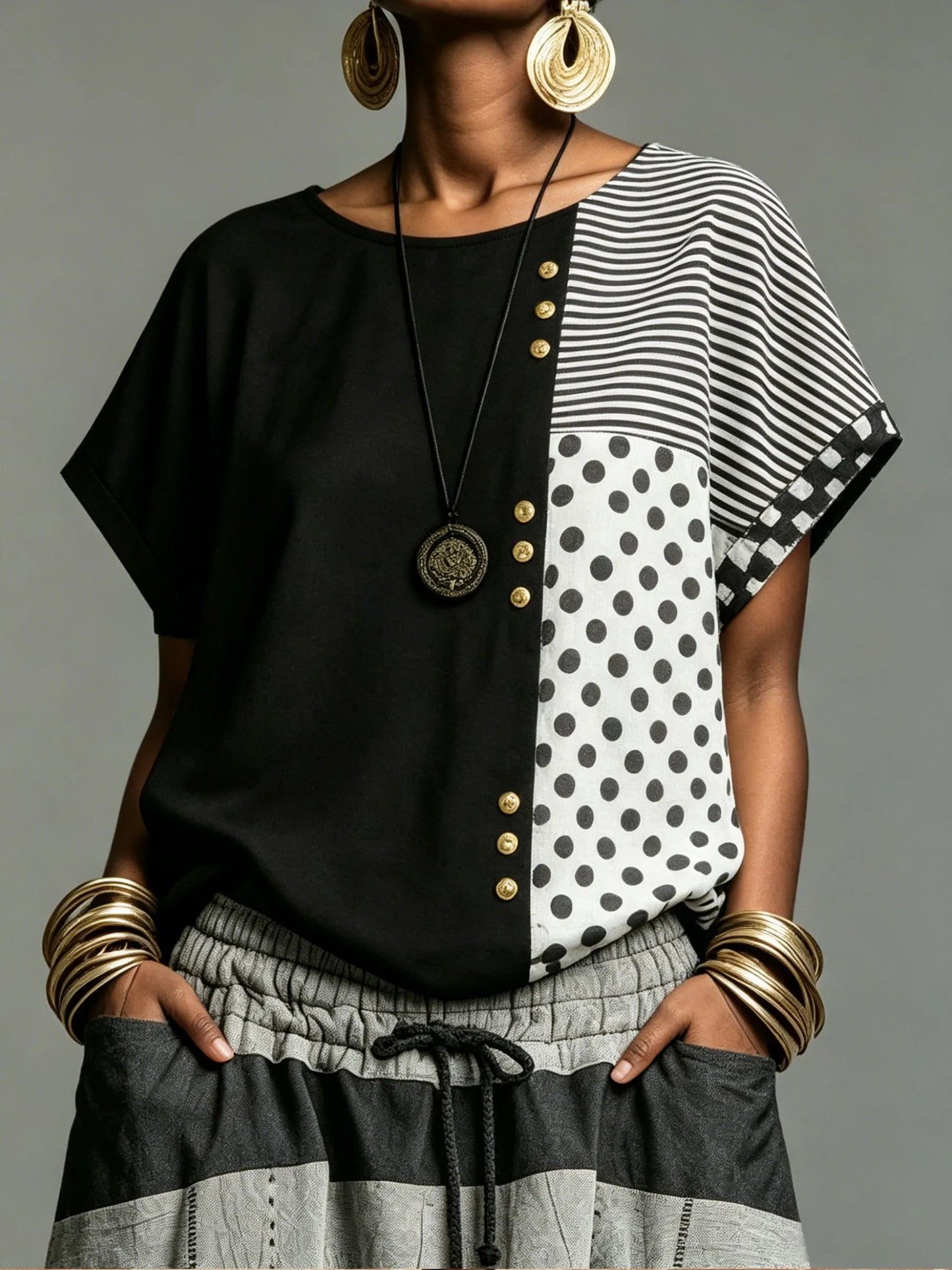 Women’s Mixed Print Color Block Button Detail Dolman Short Sleeve Top