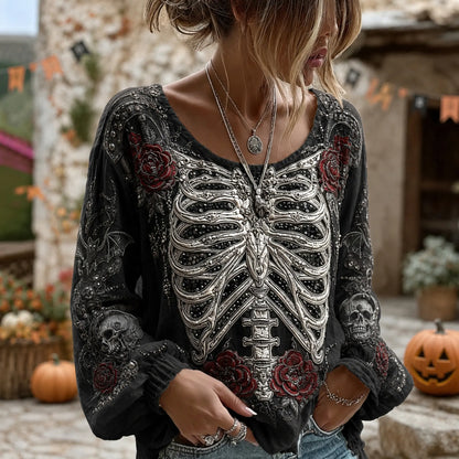 Women's Retro Halloween Spider Skeleton Themed Casual Crew Neck Long Sleeve T-shirt