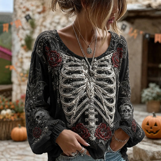 Women's Retro Halloween Spider Skeleton Themed Casual Crew Neck Long Sleeve T-shirt